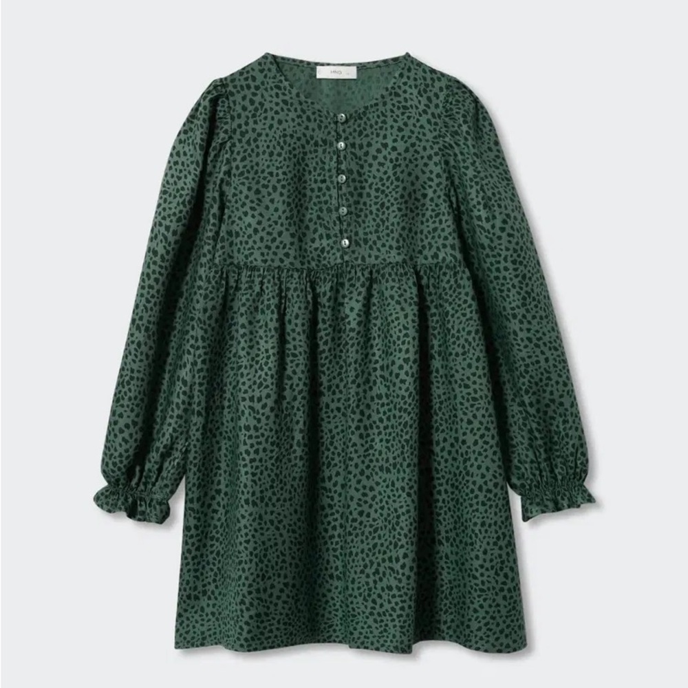 Mango • Green & Black Leopard Print Patterned Long Sleeve Dress Size 7-8